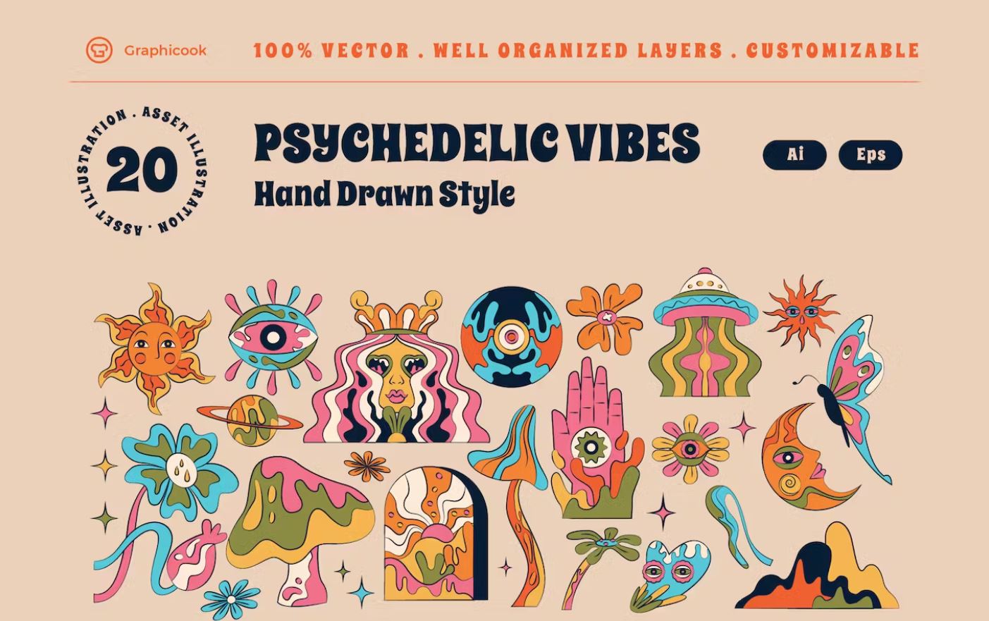 20 Psychedelic Hand Drawn Elements