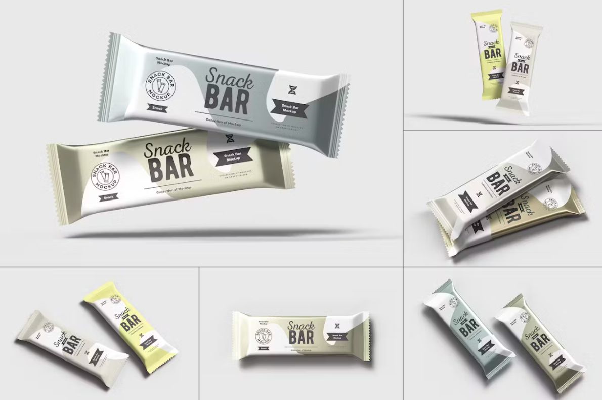 Photorealistic Snack Packaging Mockup PSD in multiple perspectives and angles